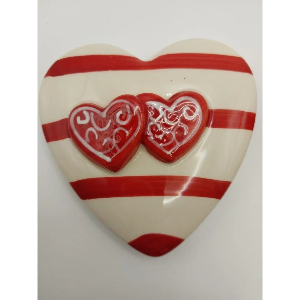 Vintage Ceramic Heart Trinket Box Candy Striped Red White Hand Painted Valentine